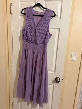 J Gee Lilac Tiered Midi Dress with Crochet Detail and Smocked Waist Size 2X HOM1